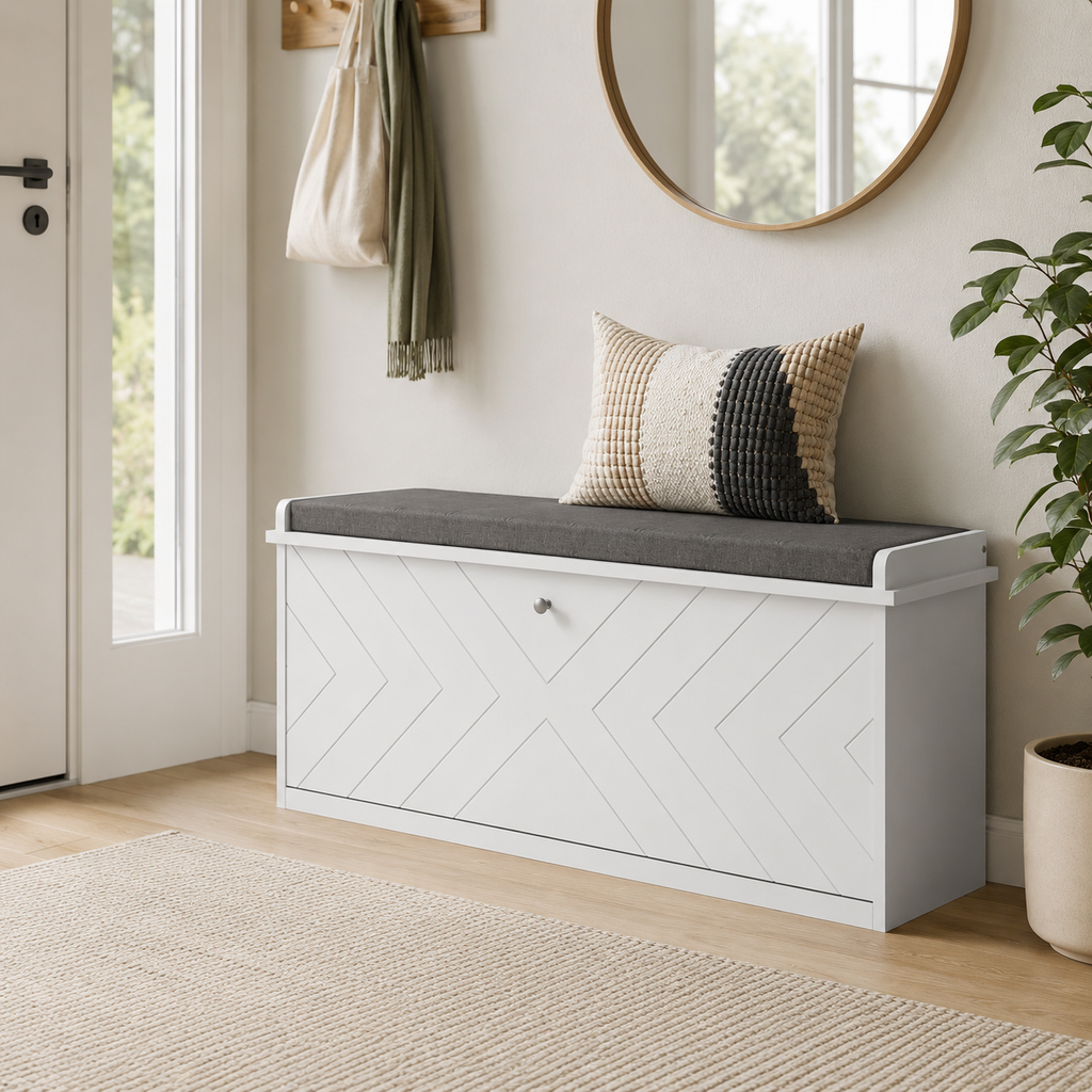 10-Shoe Storage Bench, With Padded Top Seat - White/Grey