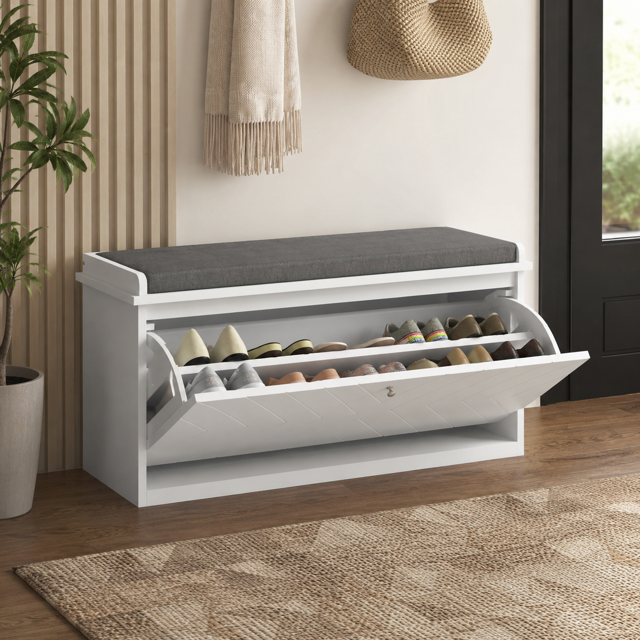 10-Shoe Storage Bench, With Padded Top Seat - White/Grey