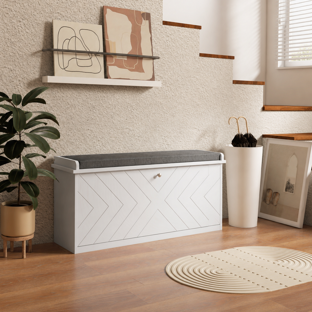10-Shoe Storage Bench, With Padded Top Seat - White/Grey