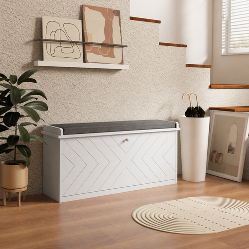 10-Shoe Storage Bench, With Padded Top Seat - White/Grey