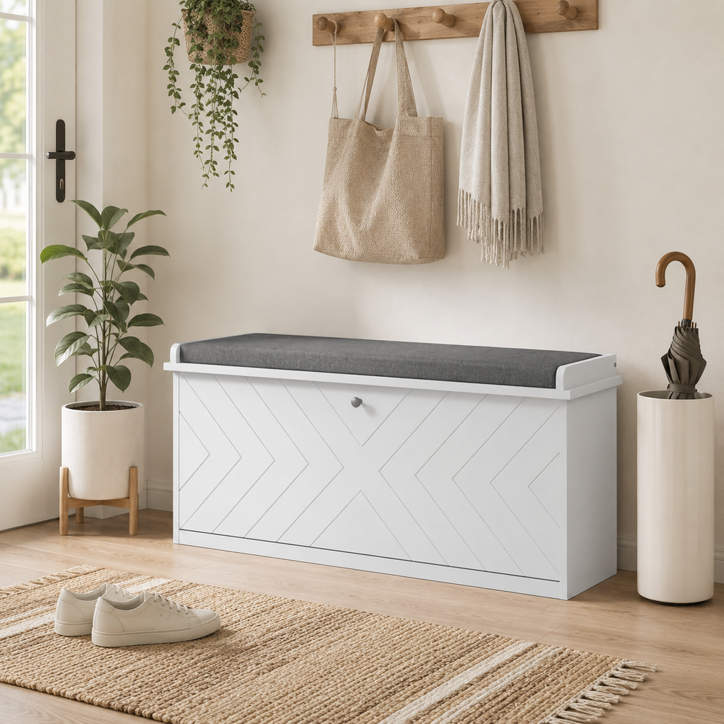 10-Shoe Storage Bench, With Padded Top Seat - White/Grey