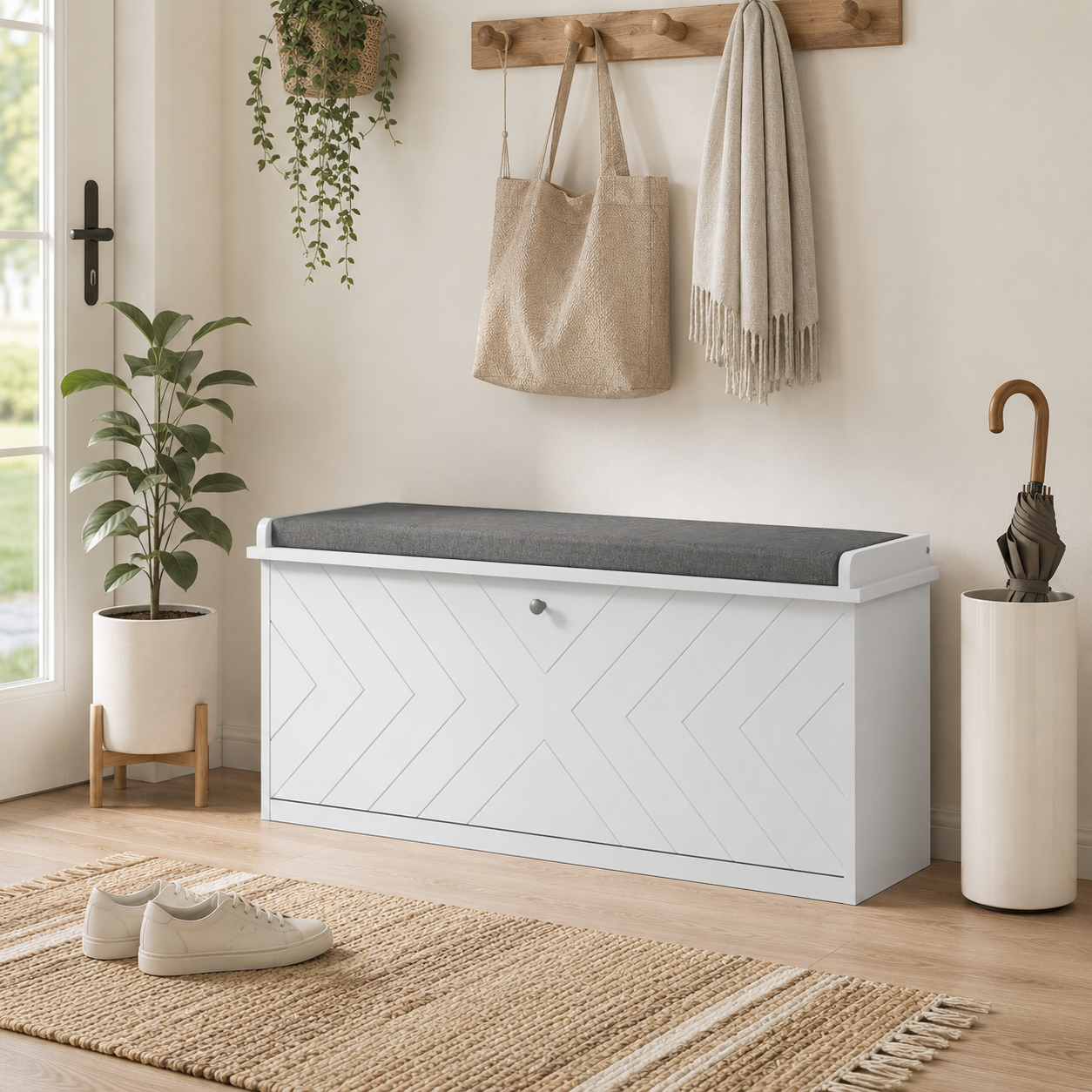 10-Shoe Storage Bench, With Padded Top Seat - White/Grey