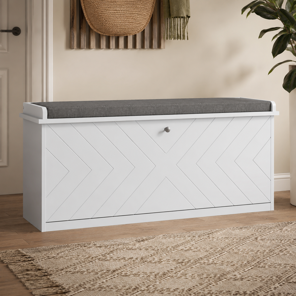 10-Shoe Storage Bench, With Padded Top Seat - White/Grey