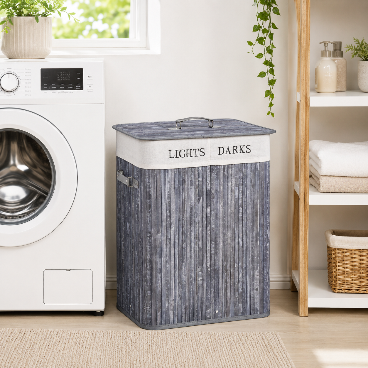 100L Collapsible Natural Wood Laundry Hamper Organizer Clothes Washing Basket Bin Storage Box W/Lid Removable Lining 52x32x63cm, Grey
