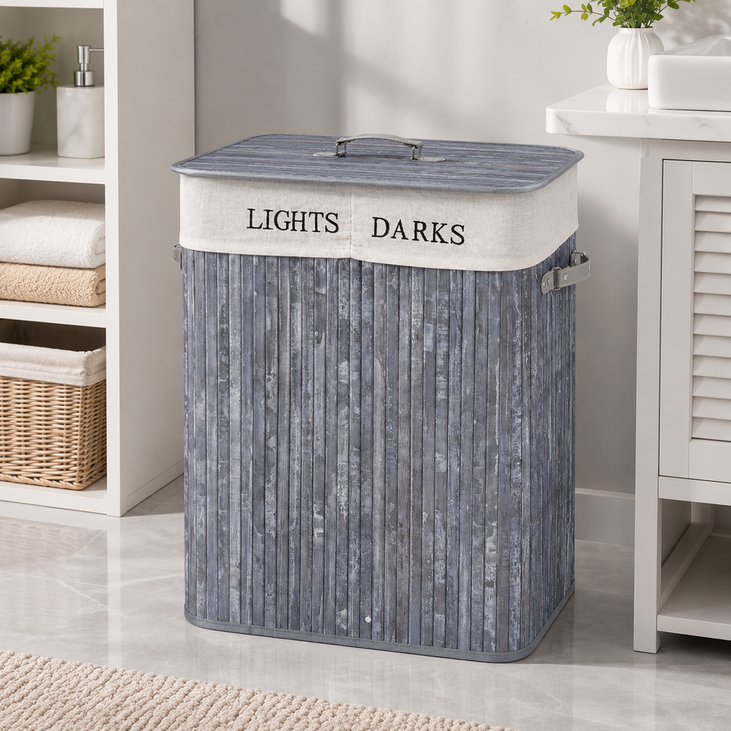 100L Collapsible Natural Wood Laundry Hamper Organizer Clothes Washing Basket Bin Storage Box W/Lid Removable Lining 52x32x63cm, Grey
