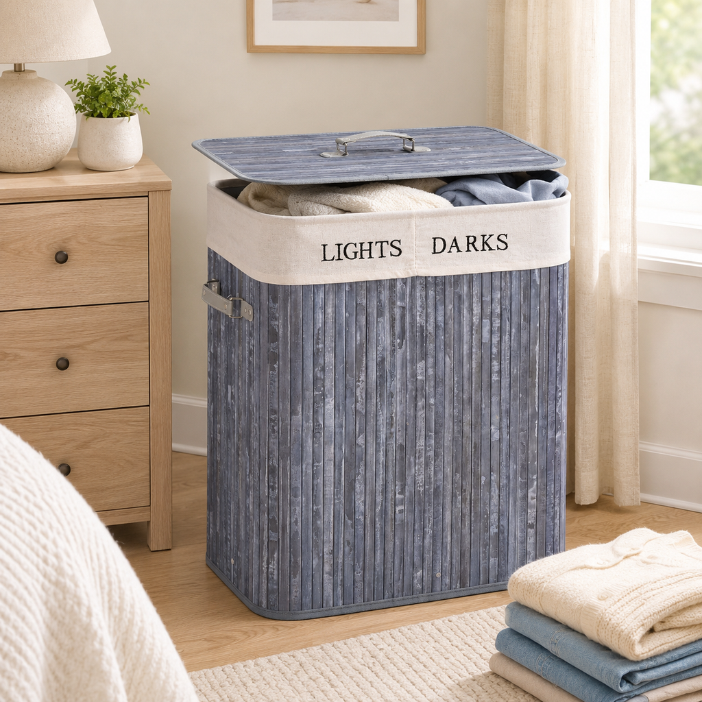 100L Collapsible Natural Wood Laundry Hamper Organizer Clothes Washing Basket Bin Storage Box W/Lid Removable Lining 52x32x63cm, Grey