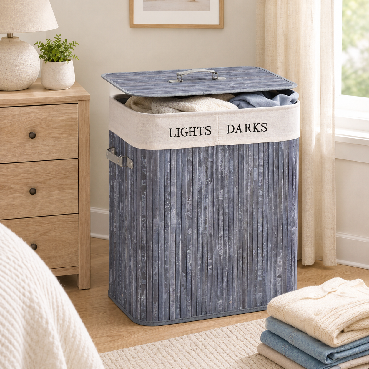 100L Collapsible Natural Wood Laundry Hamper Organizer Clothes Washing Basket Bin Storage Box W/Lid Removable Lining 52x32x63cm, Grey
