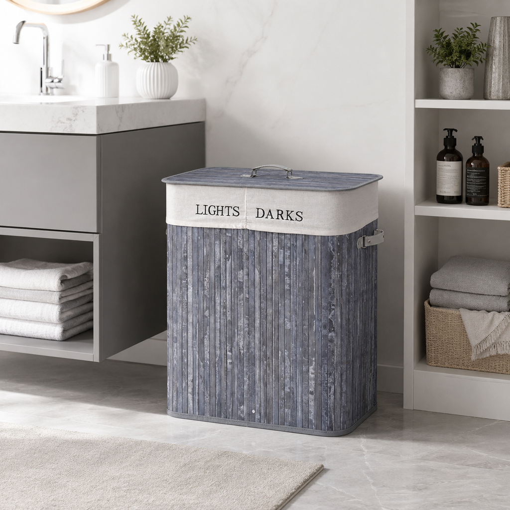 100L Collapsible Natural Wood Laundry Hamper Organizer Clothes Washing Basket Bin Storage Box W/Lid Removable Lining 52x32x63cm, Grey
