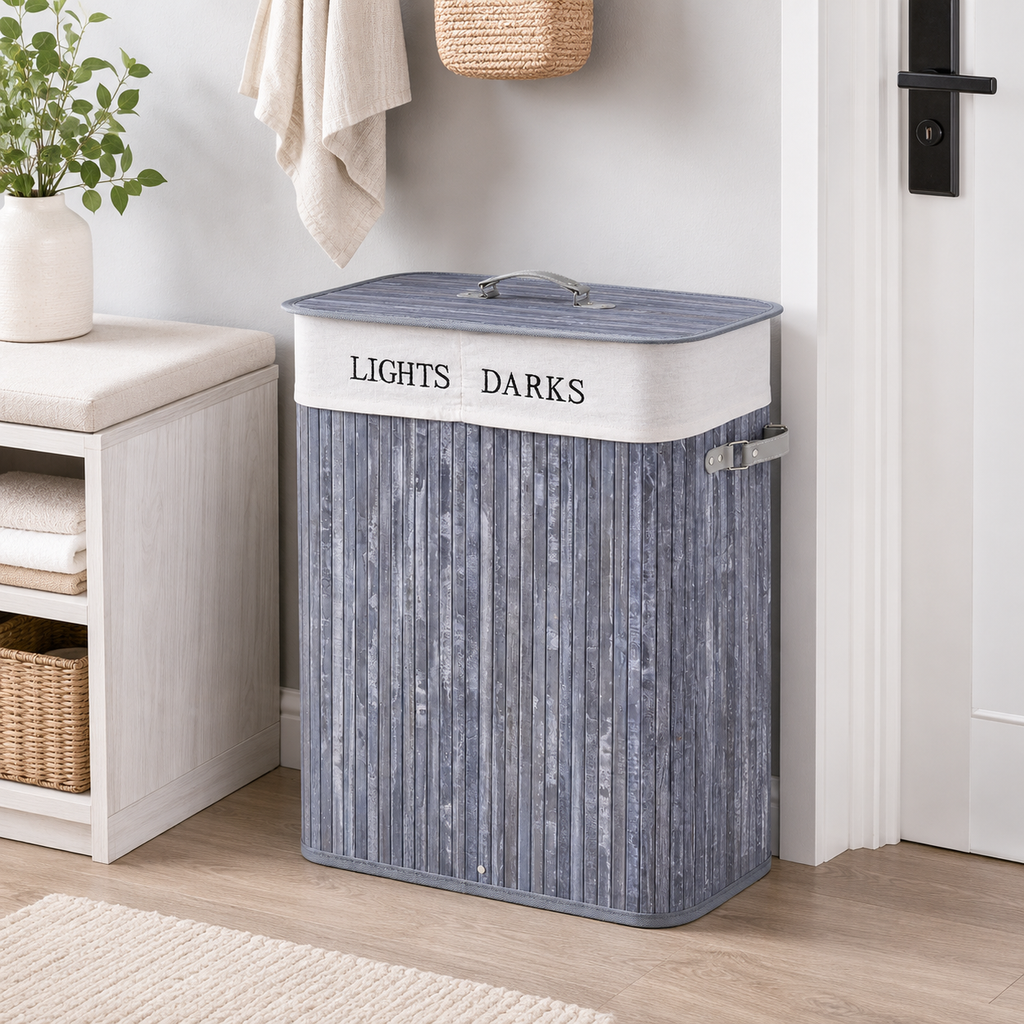 100L Collapsible Natural Wood Laundry Hamper Organizer Clothes Washing Basket Bin Storage Box W/Lid Removable Lining 52x32x63cm, Grey