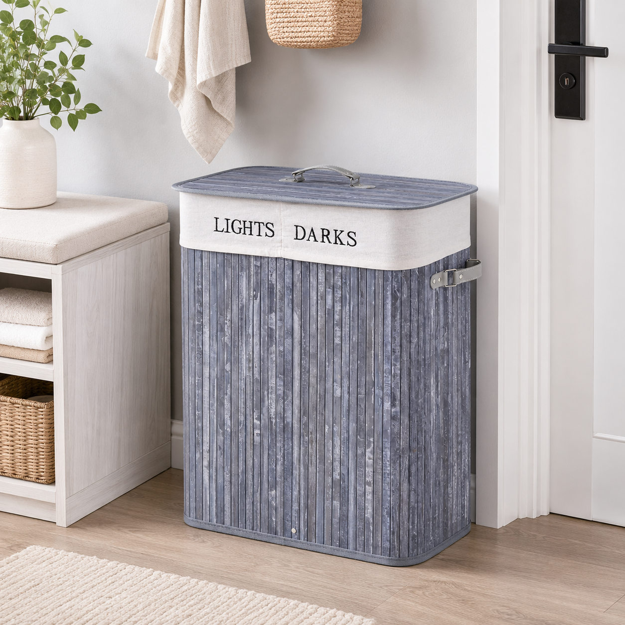 100L Collapsible Natural Wood Laundry Hamper Organizer Clothes Washing Basket Bin Storage Box W/Lid Removable Lining 52x32x63cm, Grey