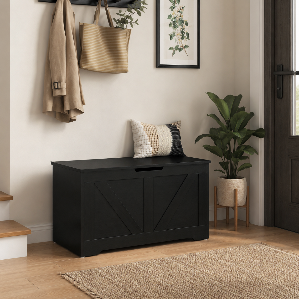 100L Home Storage Box, With Safety Hinges - Black Wood-Effect