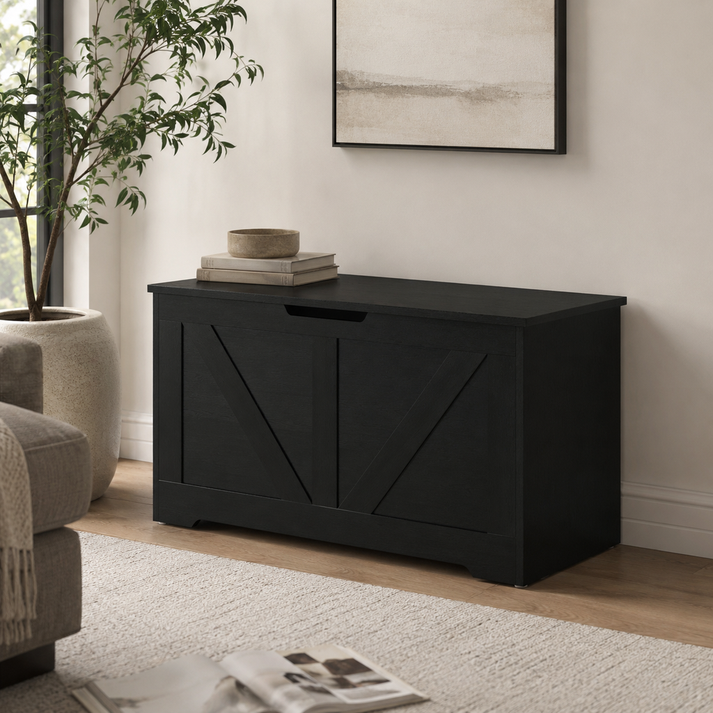 100L Home Storage Box, With Safety Hinges - Black Wood-Effect