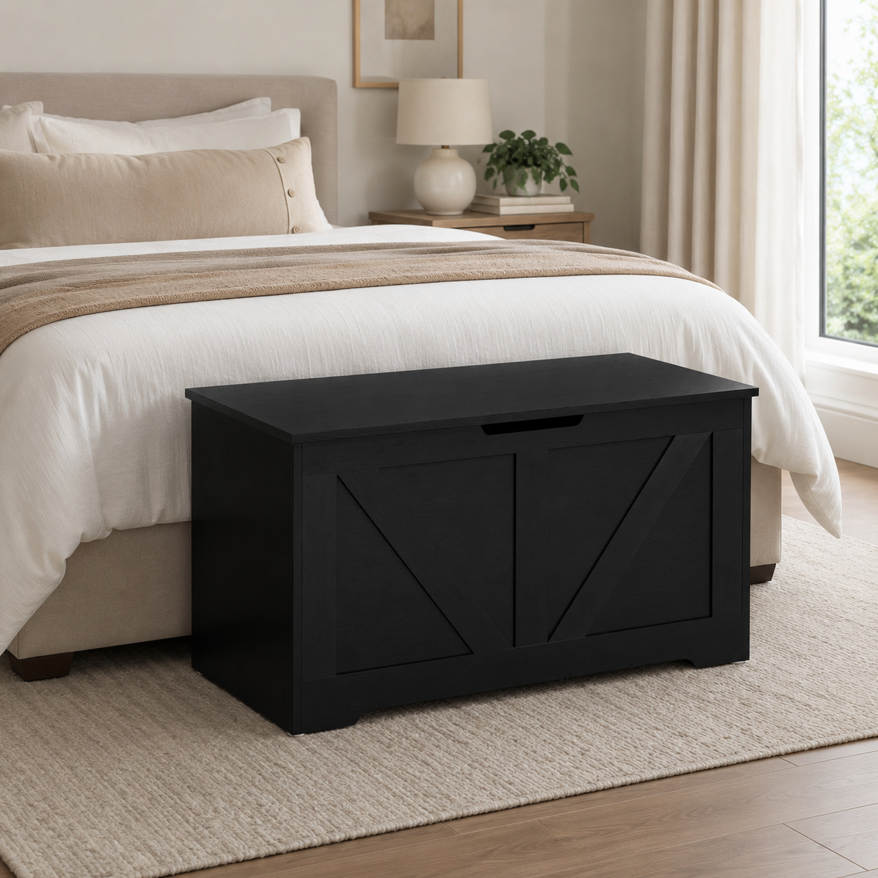 100L Home Storage Box, With Safety Hinges - Black Wood-Effect
