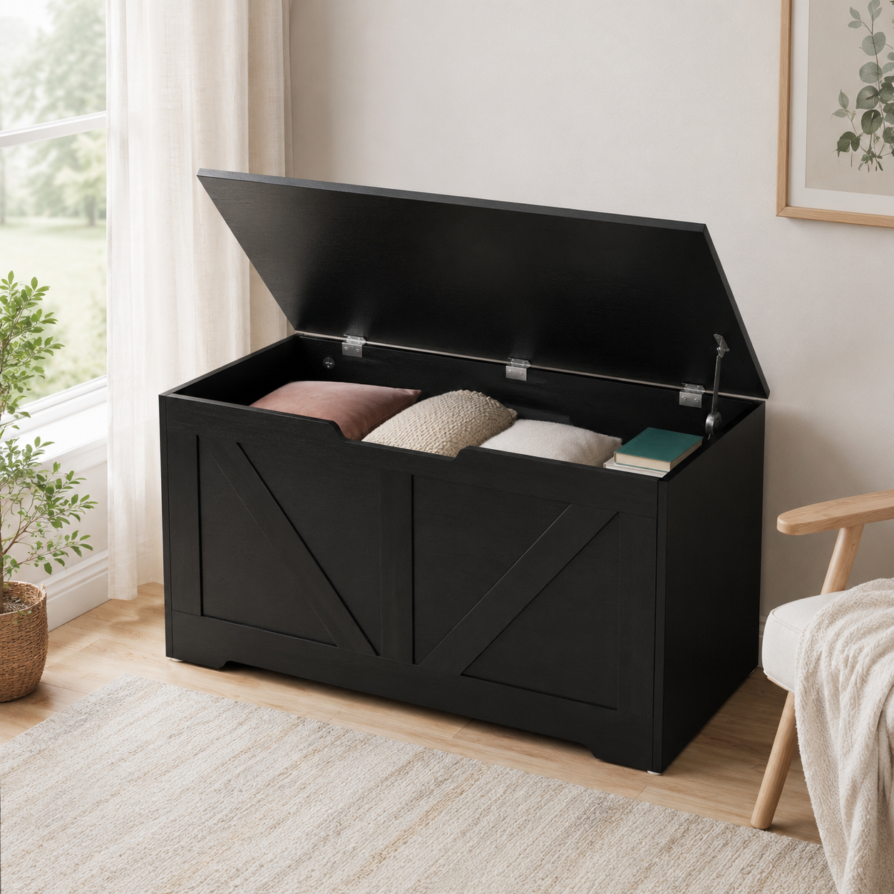 100L Home Storage Box, With Safety Hinges - Black Wood-Effect