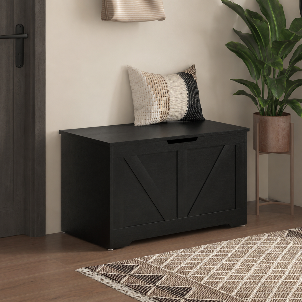 100L Home Storage Box, With Safety Hinges - Black Wood-Effect