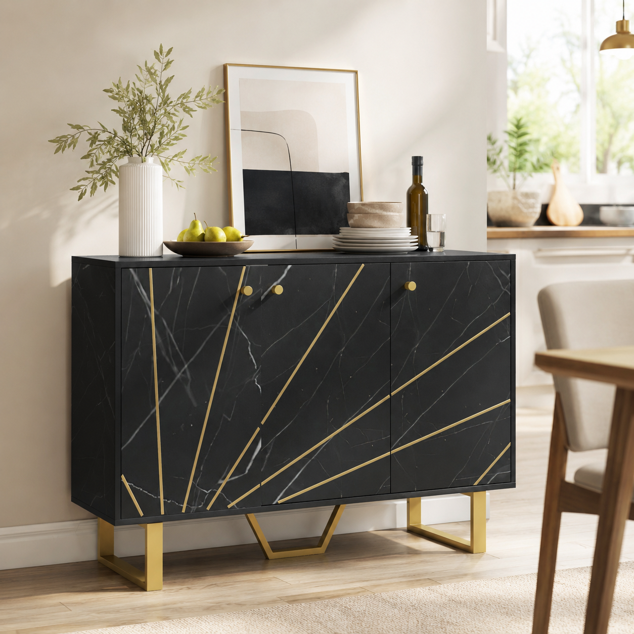 Sideboard Storage Cabinet, Modern Storage Cupboard With Adjustable Shelves And Metal Legs For Living Room, Kitchen, Dining Room, Entryway, Black Marble Tone