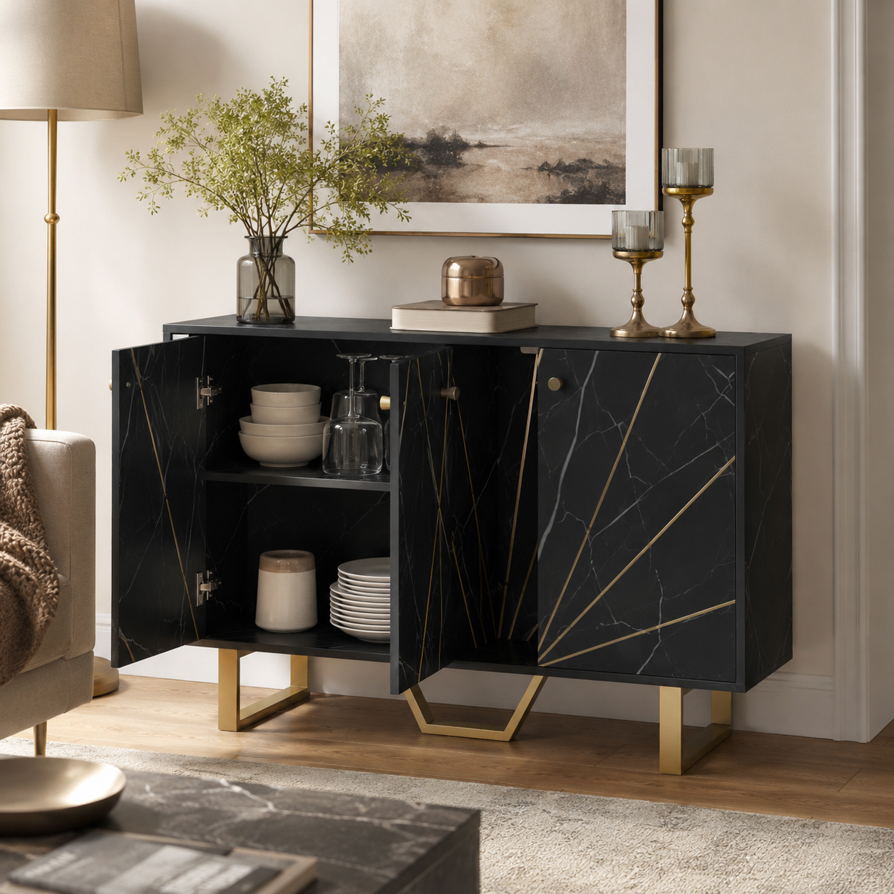Sideboard Storage Cabinet, Modern Storage Cupboard With Adjustable Shelves And Metal Legs For Living Room, Kitchen, Dining Room, Entryway, Black Marble Tone