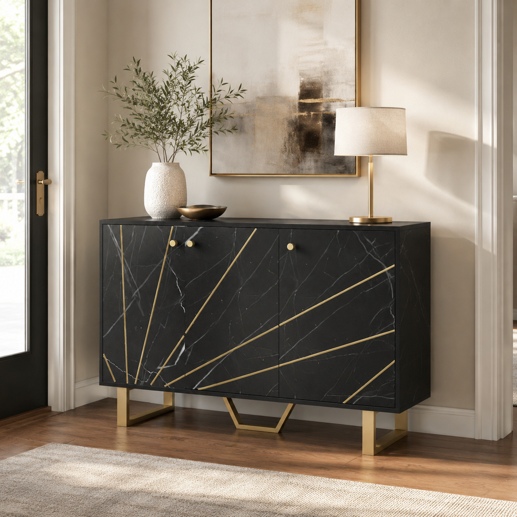 Sideboard Storage Cabinet, Modern Storage Cupboard With Adjustable Shelves And Metal Legs For Living Room, Kitchen, Dining Room, Entryway, Black Marble Tone