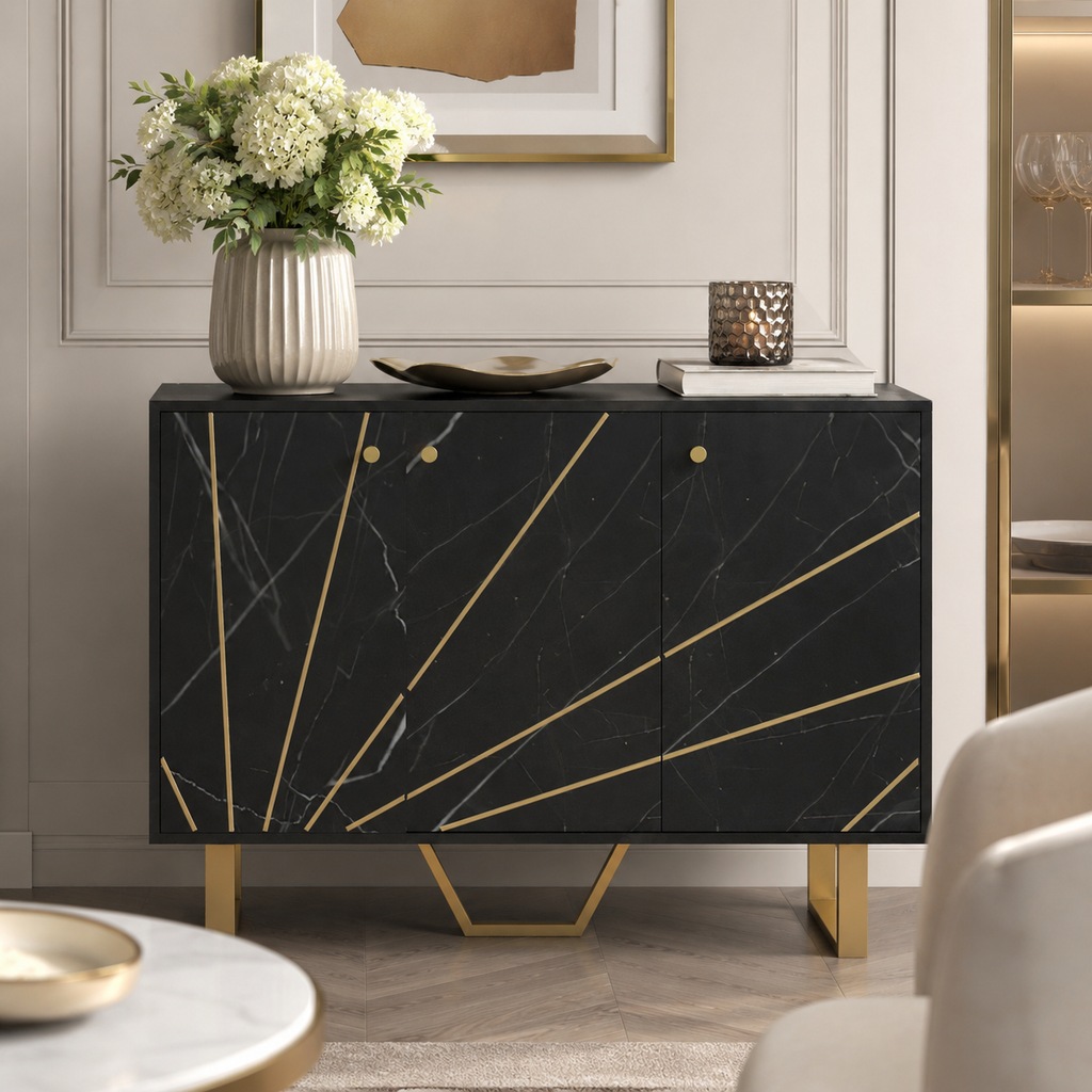 Sideboard Storage Cabinet, Modern Storage Cupboard With Adjustable Shelves And Metal Legs For Living Room, Kitchen, Dining Room, Entryway, Black Marble Tone