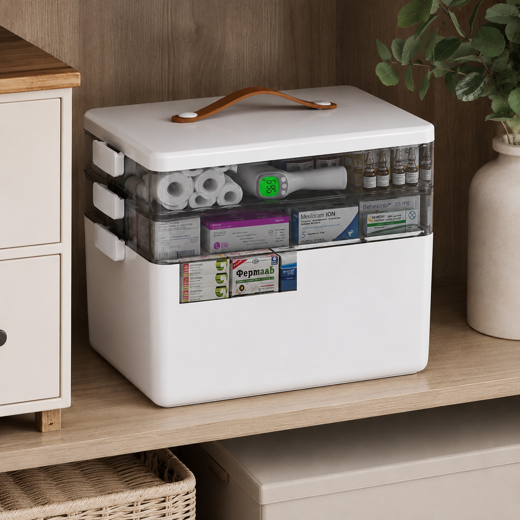 3 Layers Medicine Storage Box, Portable First Aid 3 Tier, White