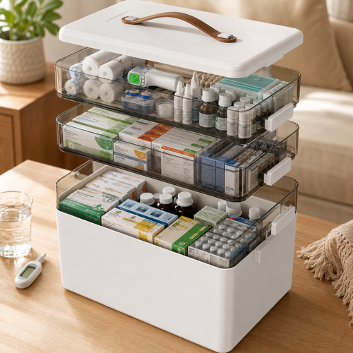 3 Layers Medicine Storage Box, Portable First Aid 3 Tier, White