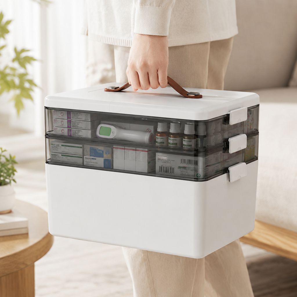 3 Layers Medicine Storage Box, Portable First Aid 3 Tier, White