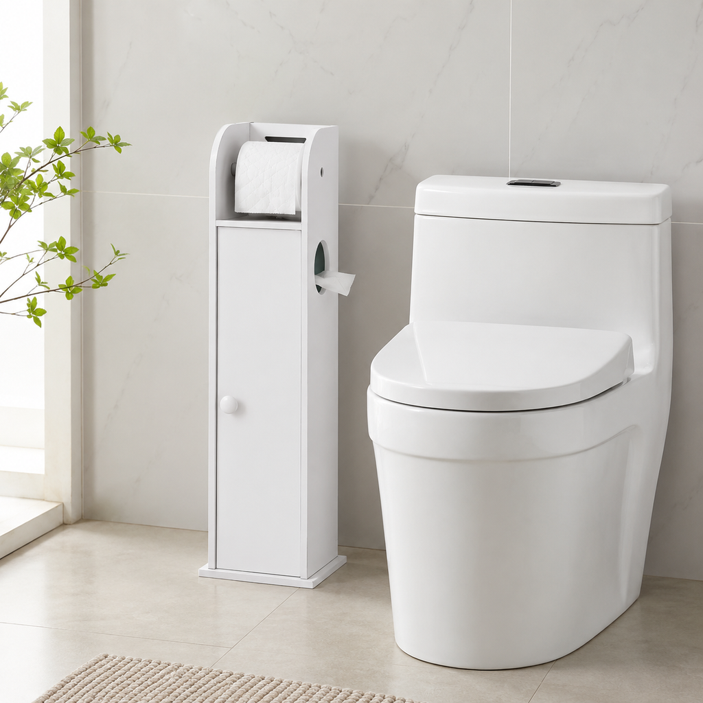 Toilet Paper Roll Holder White PVC Free Standing Bathroom Storage Cabinet Shelf