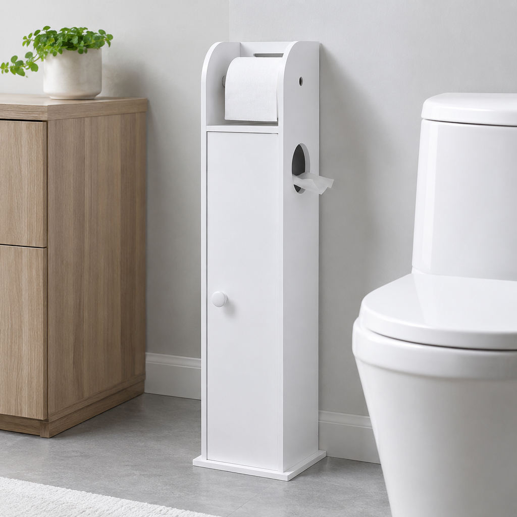 Toilet Paper Roll Holder White PVC Free Standing Bathroom Storage Cabinet Shelf
