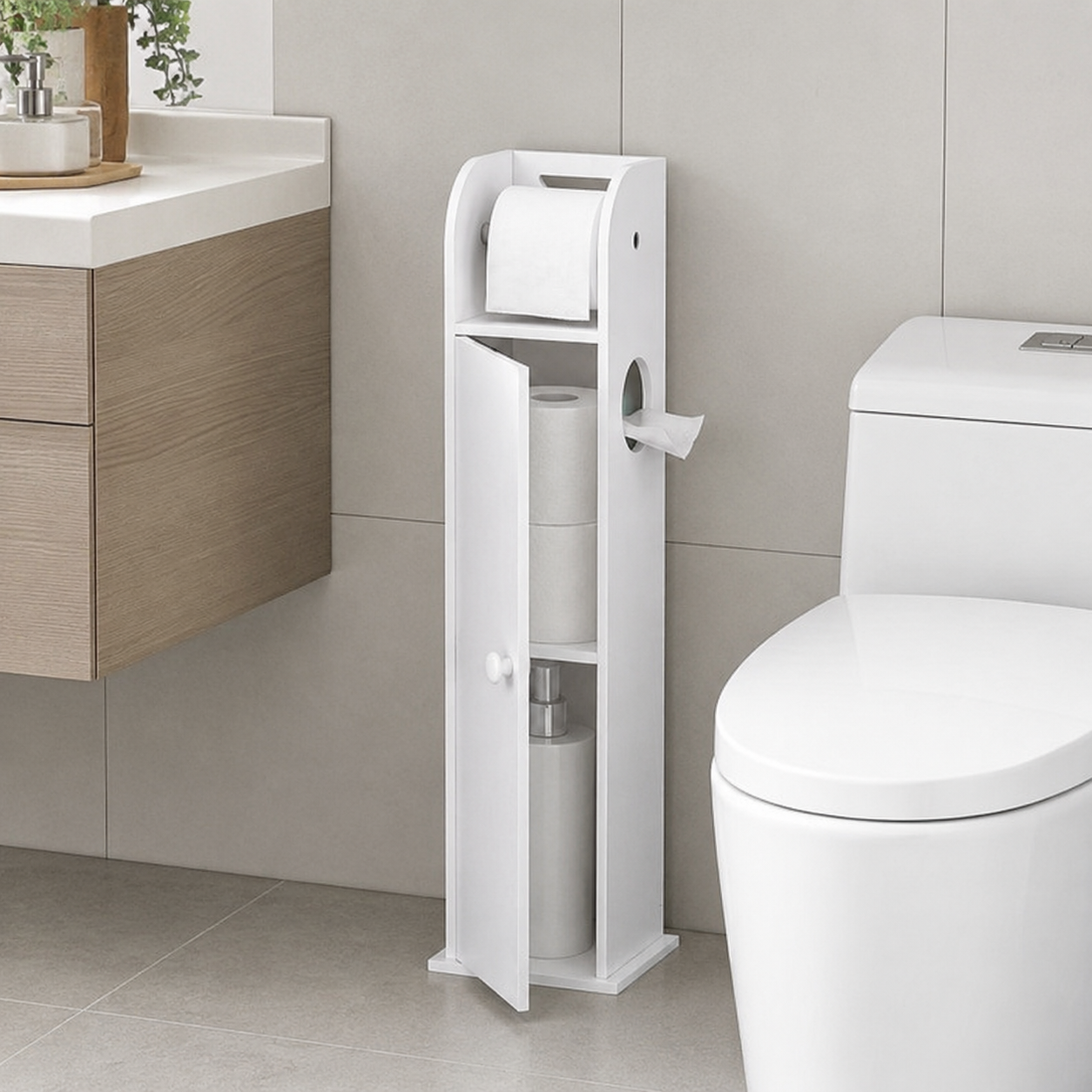 Toilet Paper Roll Holder White PVC Free Standing Bathroom Storage Cabinet Shelf
