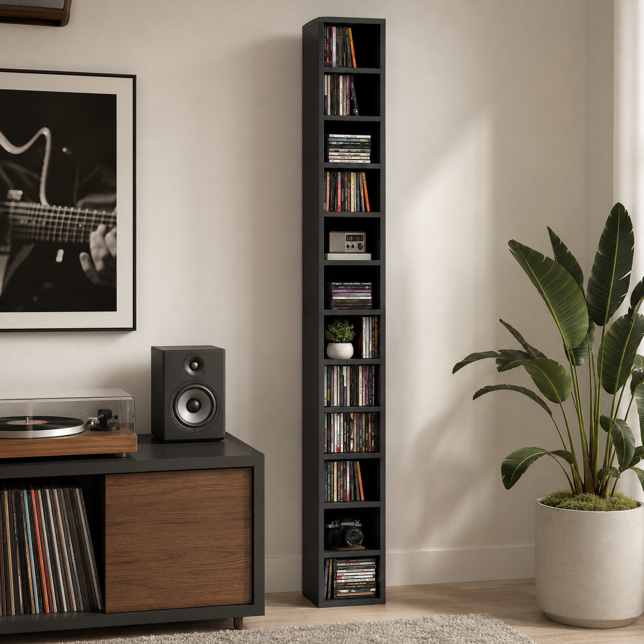 204 CD Tall Narrow Media Storage Tower - Black