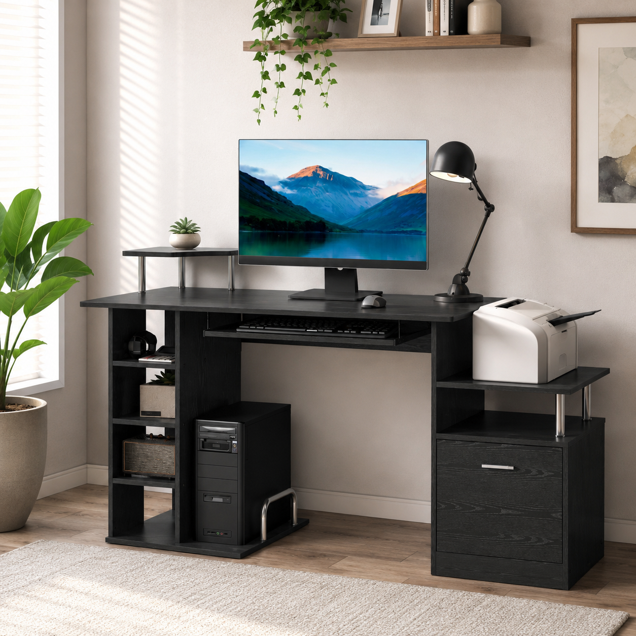 Computer Desk PC Workstation With Drawer Shelves CPU Storage Rack Home Office Furniture 152 X 60 X 88cm BLACK