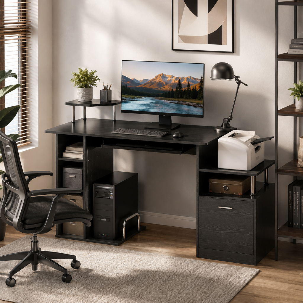 Computer Desk PC Workstation With Drawer Shelves CPU Storage Rack Home Office Furniture 152 X 60 X 88cm BLACK
