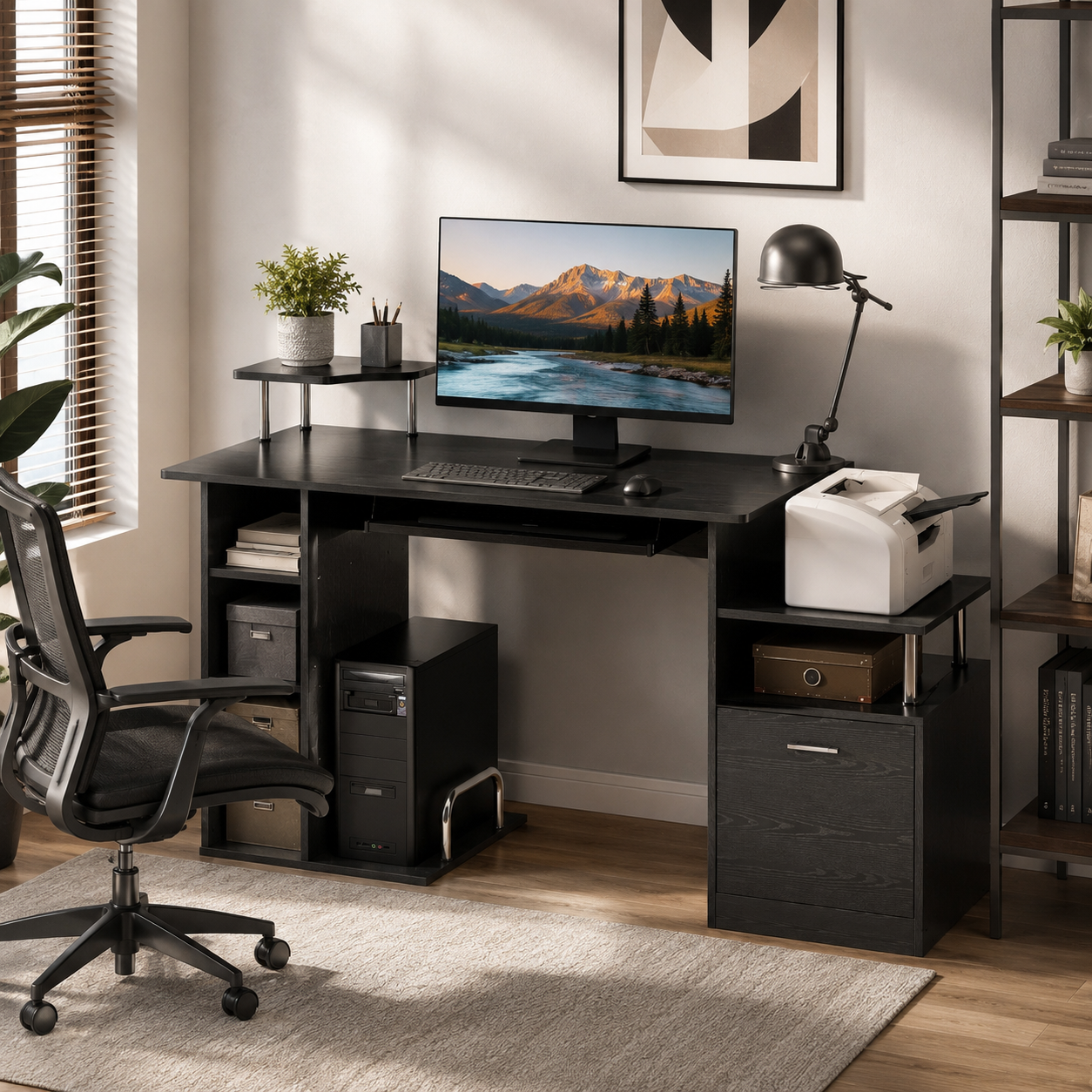 Computer Desk PC Workstation With Drawer Shelves CPU Storage Rack Home Office Furniture 152 X 60 X 88cm BLACK