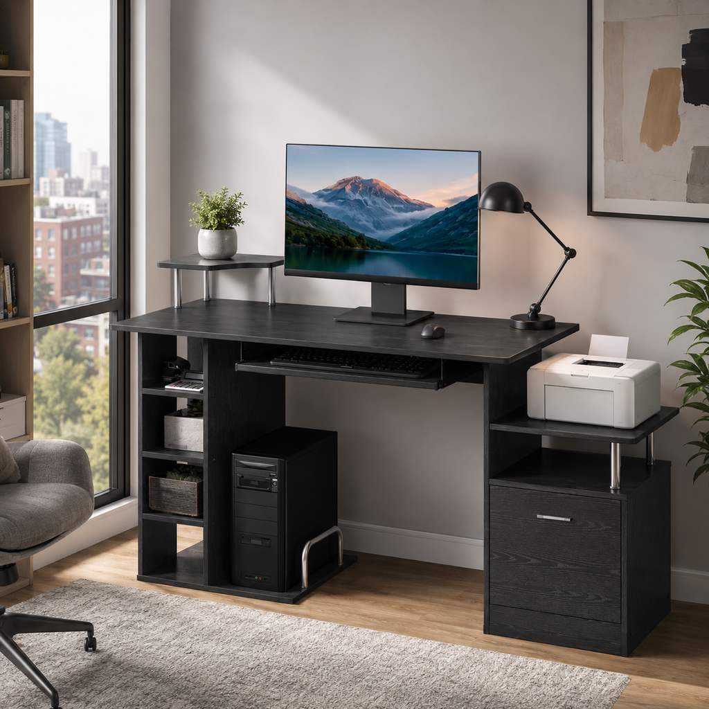Computer Desk PC Workstation With Drawer Shelves CPU Storage Rack Home Office Furniture 152 X 60 X 88cm BLACK