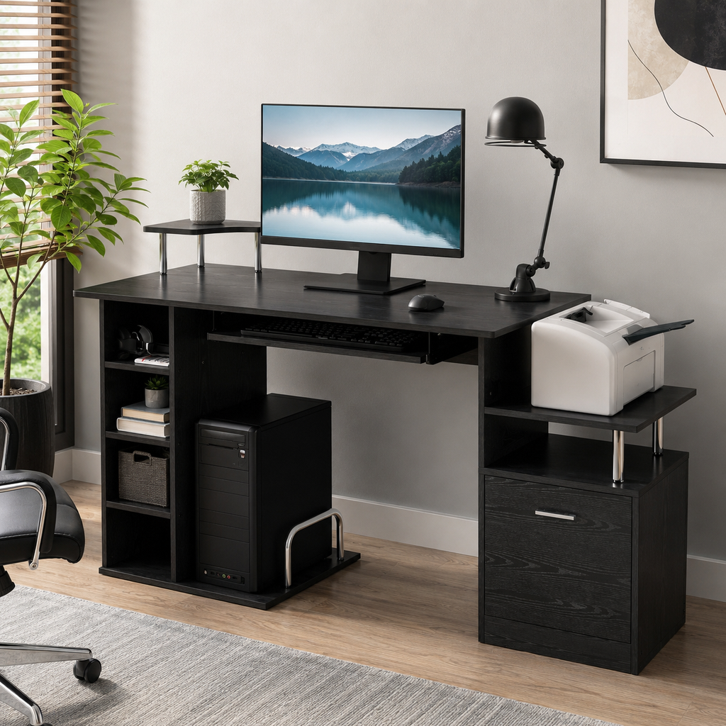 Computer Desk PC Workstation With Drawer Shelves CPU Storage Rack Home Office Furniture 152 X 60 X 88cm BLACK