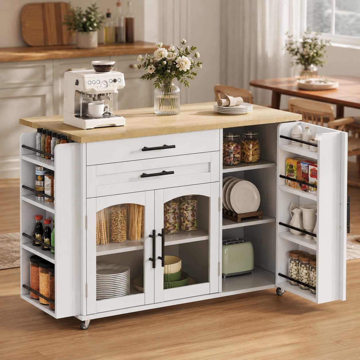 Mobile Kitchen Island With Foldable Worktop, Kitchen Trolley, 5 Wheels, Multiple Storage Racks, Spice Rack, Cutlery Storage Drawer, 120 X 45  70  X 90 Cm