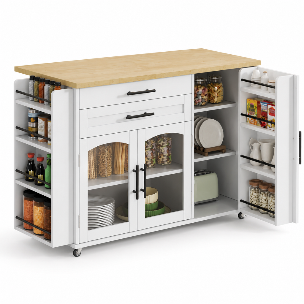 Mobile Kitchen Island With Foldable Worktop, Kitchen Trolley, 5 Wheels, Multiple Storage Racks, Spice Rack, Cutlery Storage Drawer, 120 X 45  70  X 90 Cm