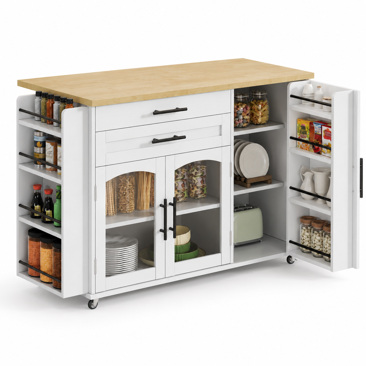 Mobile Kitchen Island With Foldable Worktop, Kitchen Trolley, 5 Wheels, Multiple Storage Racks, Spice Rack, Cutlery Storage Drawer, 120 X 45  70  X 90 Cm