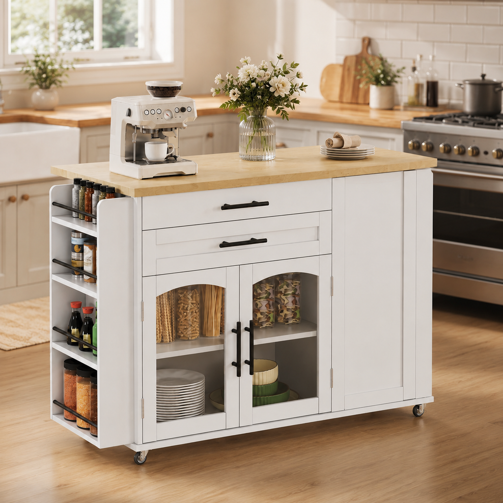 Mobile Kitchen Island With Foldable Worktop, Kitchen Trolley, 5 Wheels, Multiple Storage Racks, Spice Rack, Cutlery Storage Drawer, 120 X 45  70  X 90 Cm