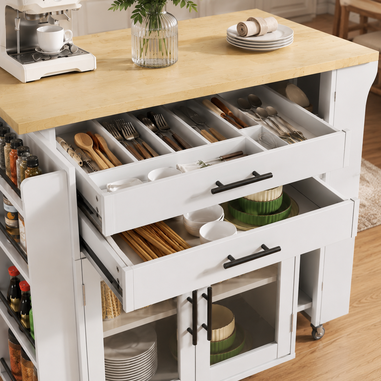 Mobile Kitchen Island With Foldable Worktop, Kitchen Trolley, 5 Wheels, Multiple Storage Racks, Spice Rack, Cutlery Storage Drawer, 120 X 45  70  X 90 Cm