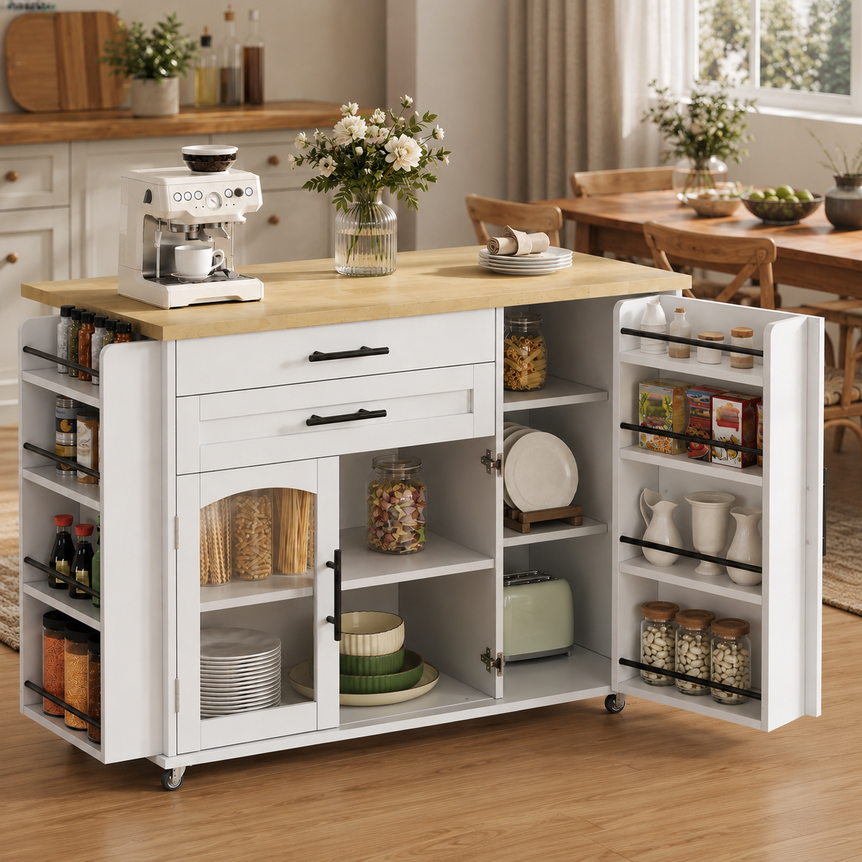 Mobile Kitchen Island With Foldable Worktop, Kitchen Trolley, 5 Wheels, Multiple Storage Racks, Spice Rack, Cutlery Storage Drawer, 120 X 45  70  X 90 Cm