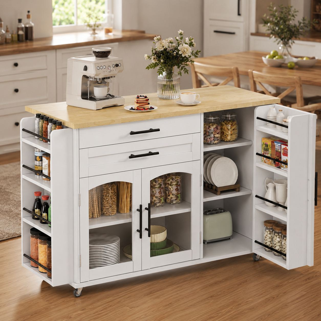 Mobile Kitchen Island With Foldable Worktop, Kitchen Trolley, 5 Wheels, Multiple Storage Racks, Spice Rack, Cutlery Storage Drawer, 120 X 45  70  X 90 Cm
