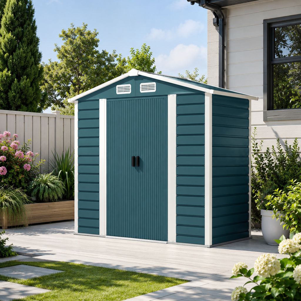 Metal Garden Shed 7 x 4ft – Outdoor Storage Shed with Lockable Double Doors &amp; Foundation Kit, Green