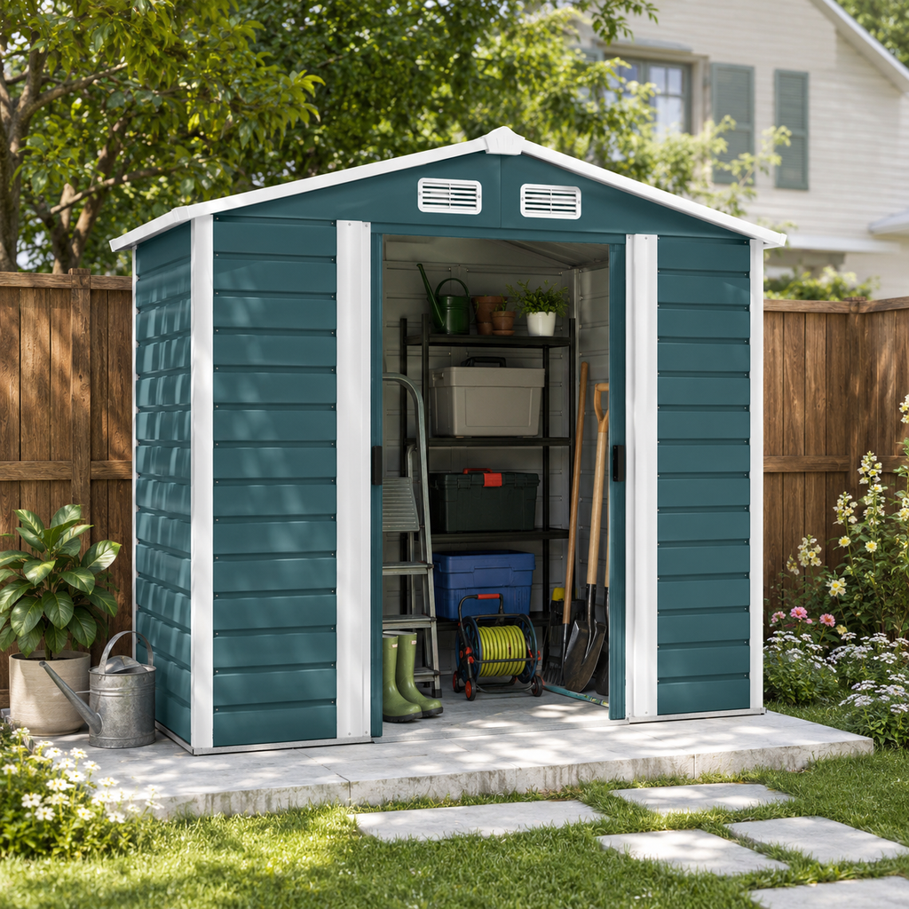 Metal Garden Shed 7 x 4ft – Outdoor Storage Shed with Lockable Double Doors &amp; Foundation Kit, Green
