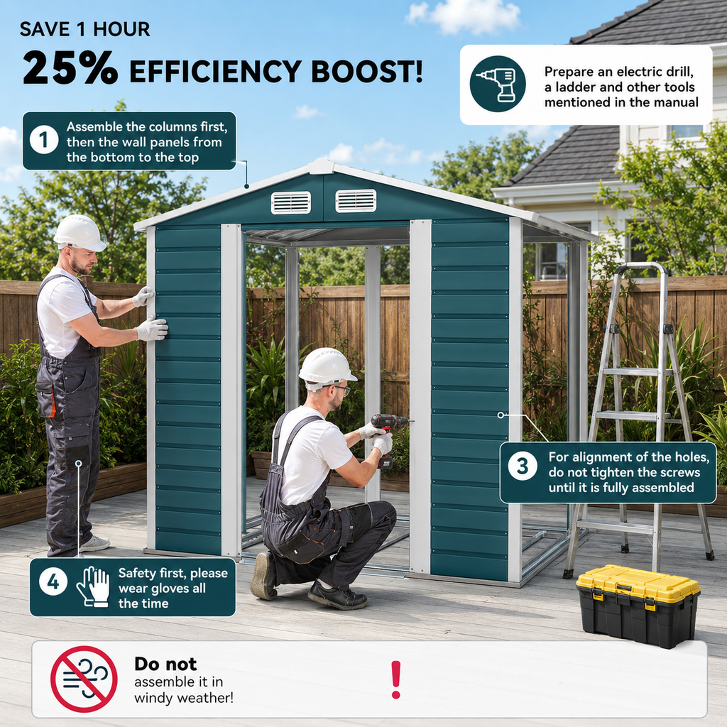 Metal Garden Shed 7 x 4ft – Outdoor Storage Shed with Lockable Double Doors &amp; Foundation Kit, Green