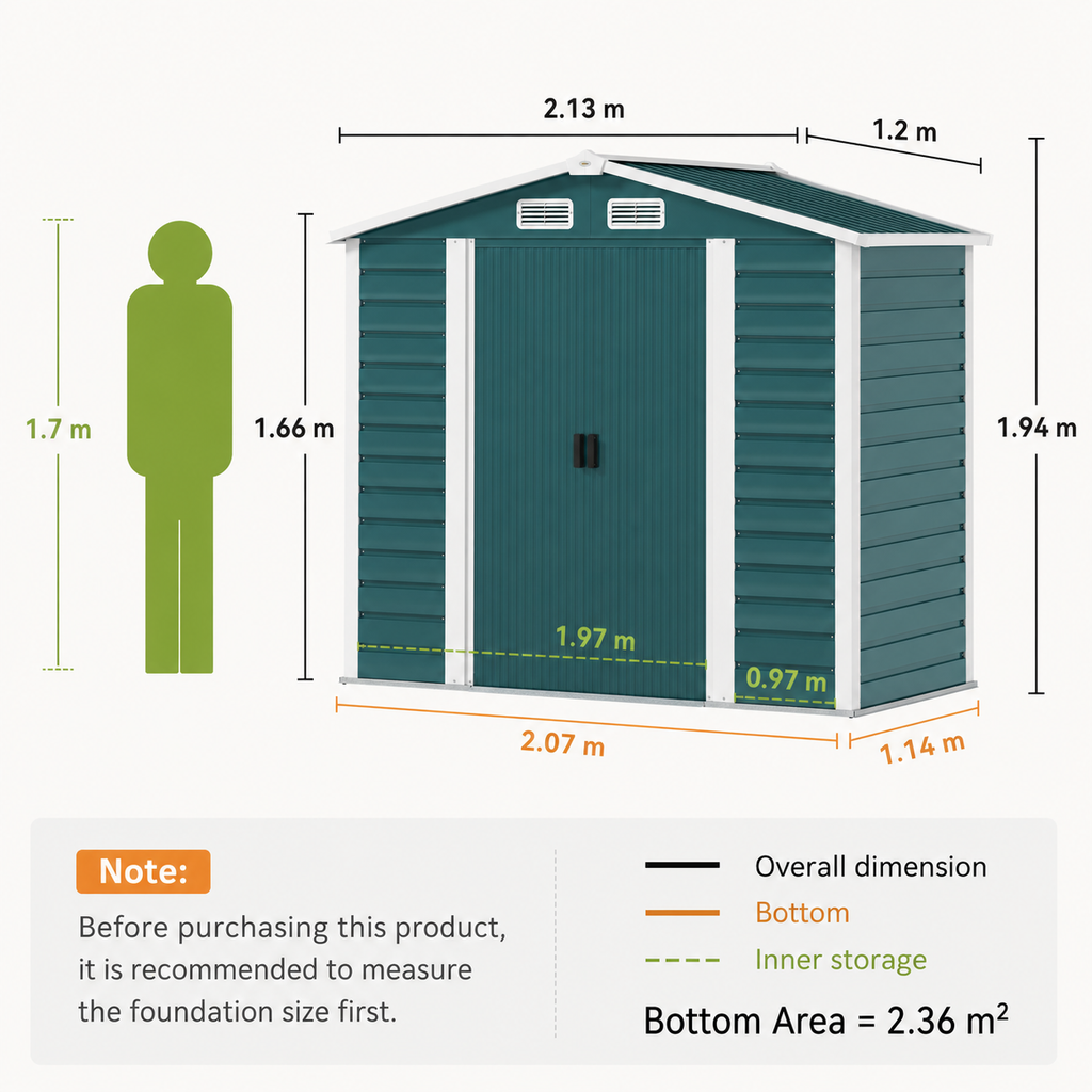 Metal Garden Shed 7 x 4ft – Outdoor Storage Shed with Lockable Double Doors &amp; Foundation Kit, Green