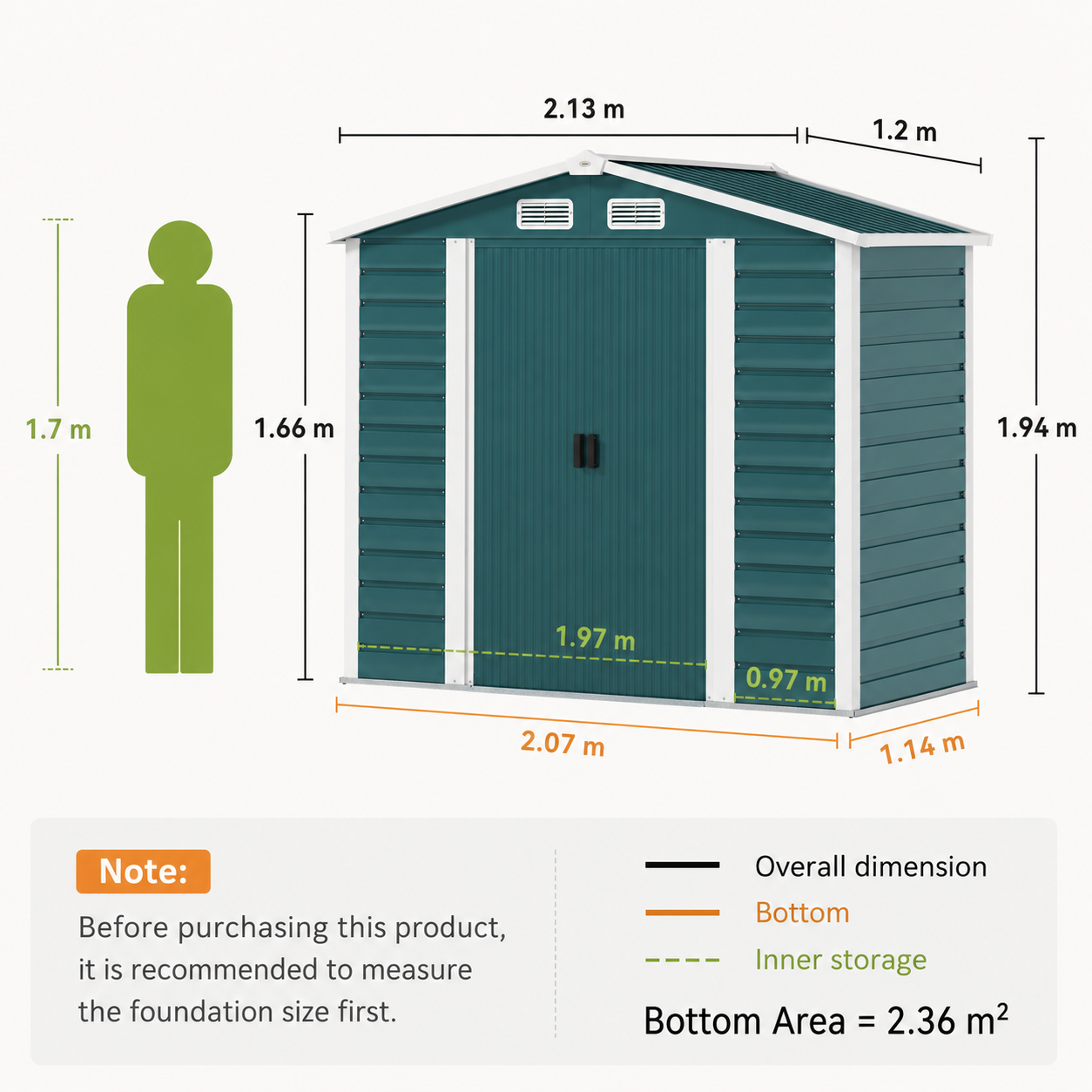 Metal Garden Shed 7 x 4ft – Outdoor Storage Shed with Lockable Double Doors &amp; Foundation Kit, Green
