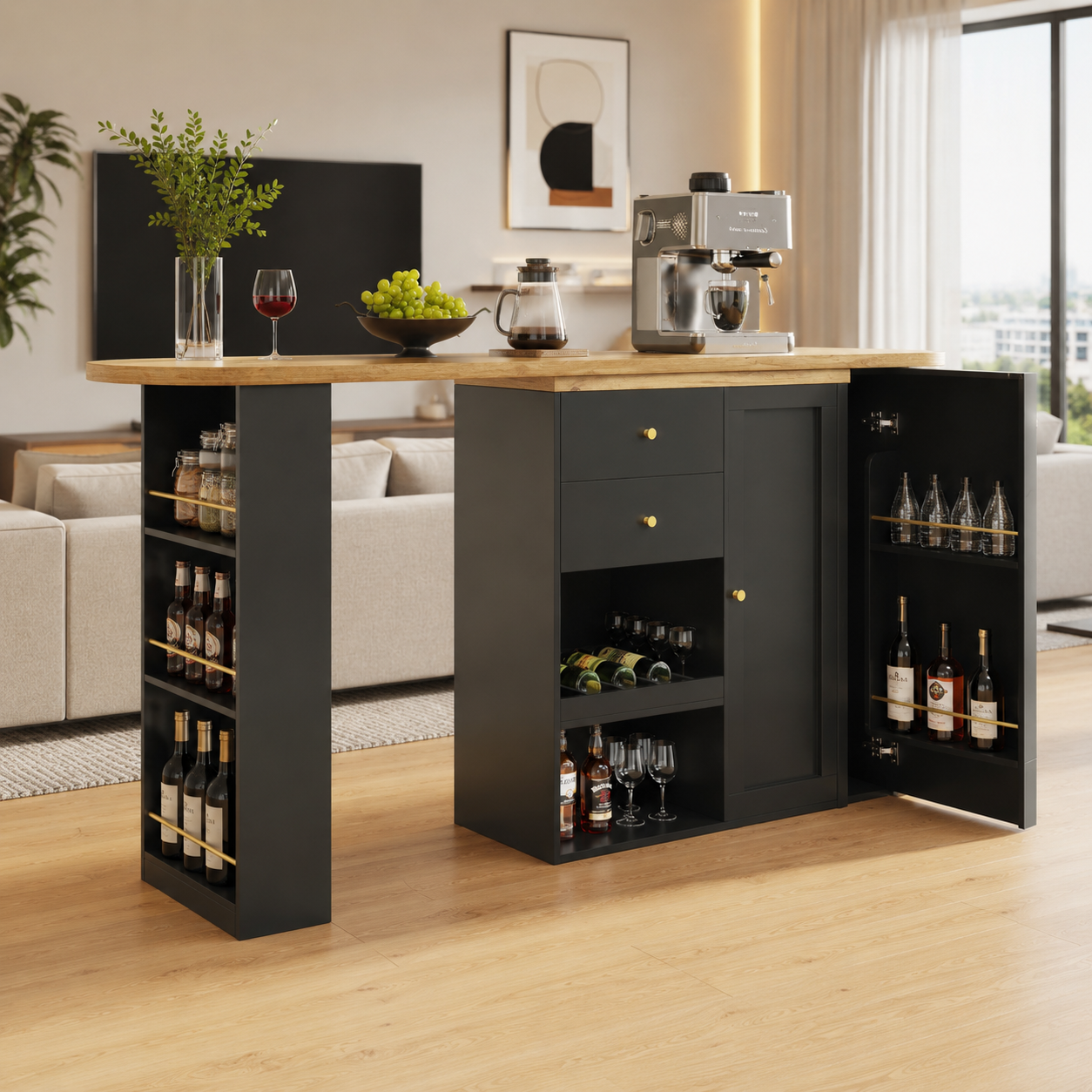 Kitchen Island Bar Table with Storage – 360° Swivel Bar Table with Drawers &amp; Cabinet, Black