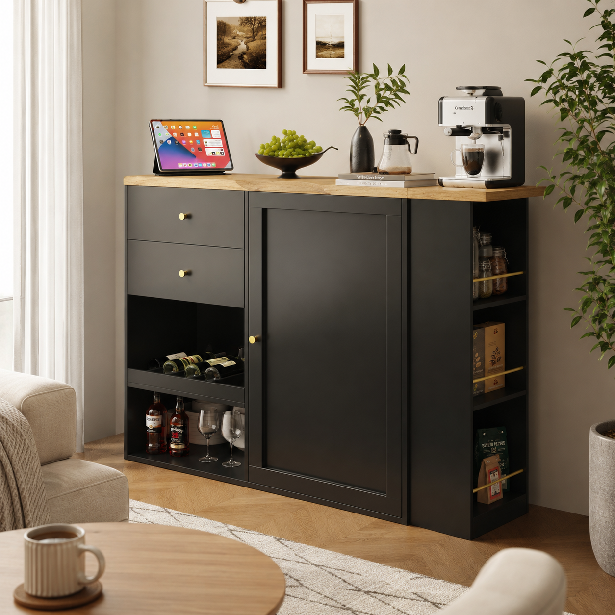 Kitchen Island Bar Table with Storage – 360° Swivel Bar Table with Drawers &amp; Cabinet, Black