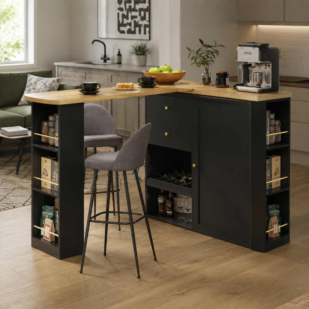 Kitchen Island Bar Table with Storage – 360° Swivel Bar Table with Drawers &amp; Cabinet, Black